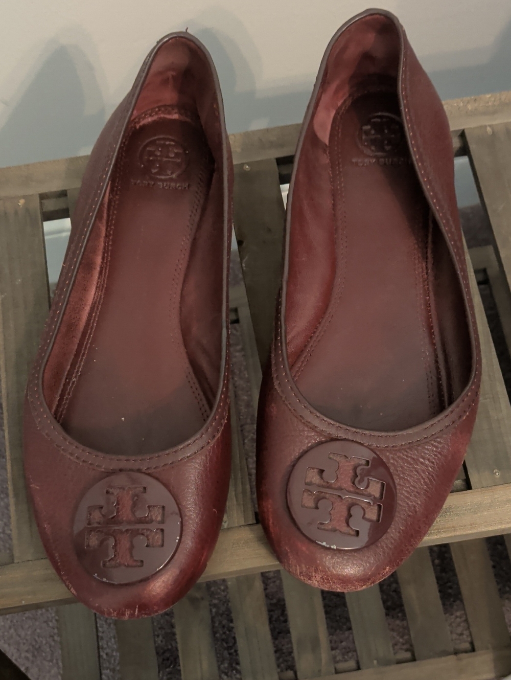 Tory Burch Bordeaux Leather Logo Ballet Flats